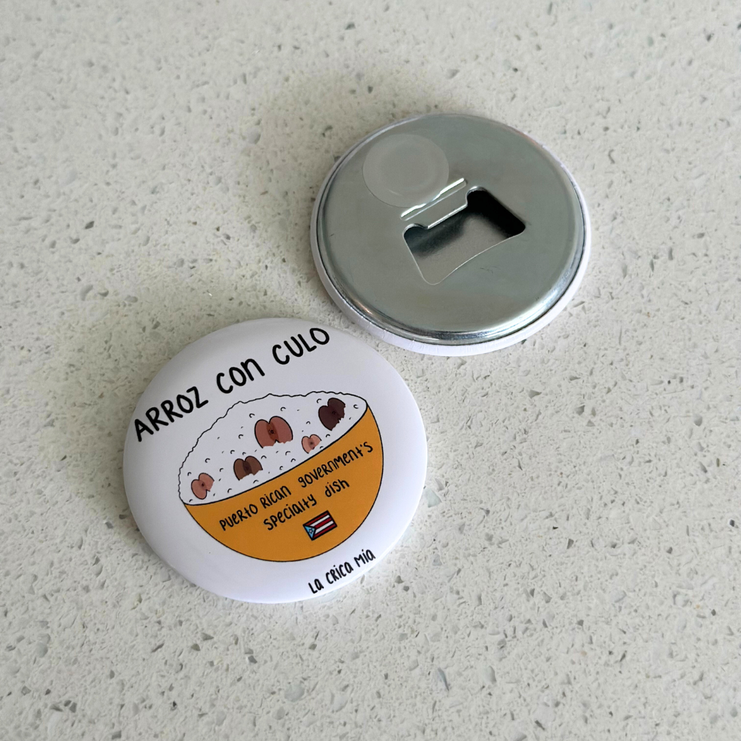 Abridor de botella con magneto con el diseño de "arroz con culo" por La Crica Mía